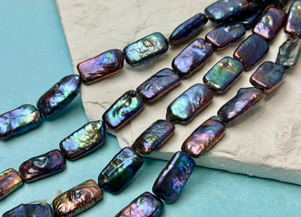 9-10x16-24mm AAA Rainbow Peacock Color Rectangle Coin Freshwater Pearls Rare High Luster Pearls 9-11 Beads 7.5 Inches #P1925