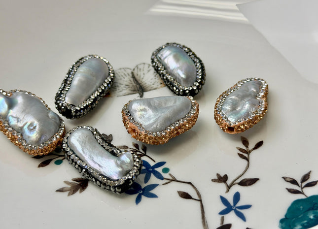 One Piece 13-18x27-36mm Large Hole Gray Biwa Stick Pearl with Pave Hematite Gold Rose Gold Rhinestone/Cubic Zirconia Pearl 2.0mm Hole #P3472
