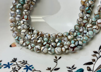 8mm AAA DZI Tibetan Agate Faceted Round Mint Blue White Color Football Agate Gemstone 14 Inches Strand 45 Beads #4835