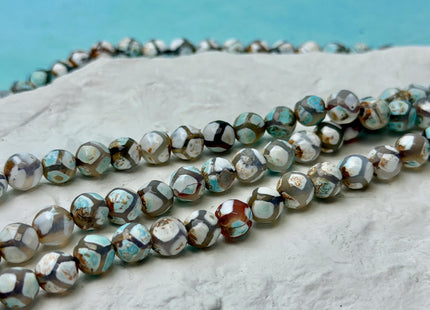 8mm AAA DZI Tibetan Agate Faceted Round Mint Blue White Color Football Agate Gemstone 14 Inches Strand 45 Beads #4835