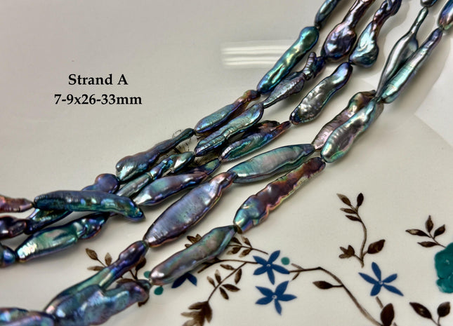 6-9x23-33mm AAA Rainbow Peacock Biwa Keshi Stick Freshwater Pearl Beads Super High Luster Unique Peacock Pearls #P3471