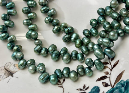 7x9-10 mm Top Drilled Persian Green Dancing Rice/Oval Freshwater Pearls 15 Inches Strand 65 Beads #P3504