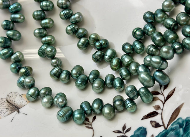 7x9-10 mm Top Drilled Persian Green Dancing Rice/Oval Freshwater Pearls 15 Inches Strand 65 Beads #P3504