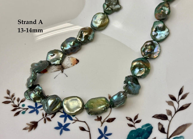 13-15x16-22 mm Forest Green Color Jumbo Keshi Freshwater Pearls Very Rare High Luster With Gold Sheen Pearls #P3520