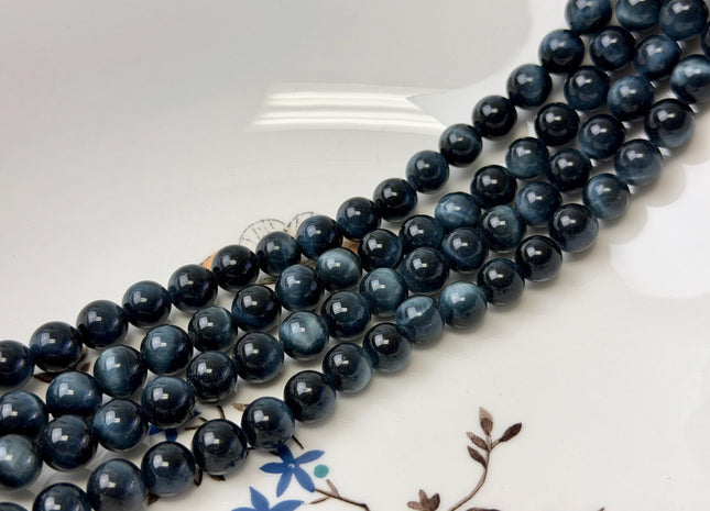 8 mm Smooth Round Blue Gray Tiger Eye Hawk Eye Gemstone Beads 15 Inches 46 Beads #4852