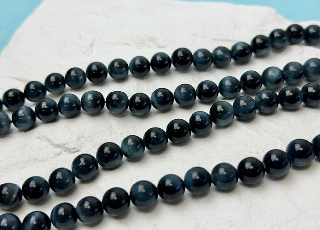8 mm Smooth Round Blue Gray Tiger Eye Hawk Eye Gemstone Beads 15 Inches 46 Beads #4852