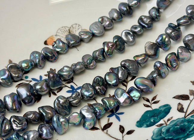 8-9x10-12 mm AA Dark Blue Peacock Biwa Freshwater Pearls Cultured Center Drilled Keshi Biwa 43 Beads #P3521