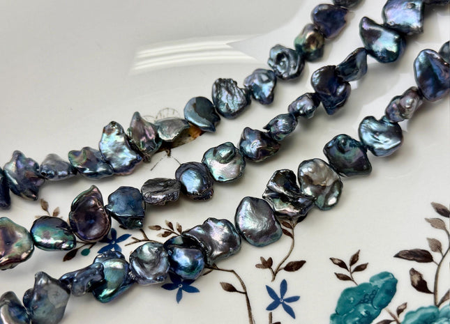 10-12x12-16 mm AA Dark Blue Peacock Keshi Freshwater Pearls Cultured Center Drilled Keshi Biwa 16 Inch Strand 37 Beads #P3528