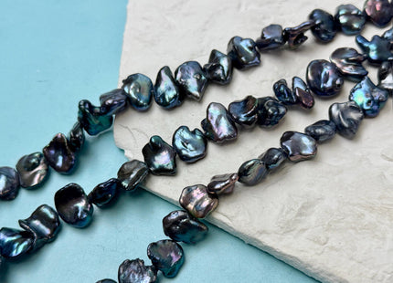 10-12x12-16 mm AA Dark Blue Peacock Keshi Freshwater Pearls Cultured Center Drilled Keshi Biwa 16 Inch Strand 37 Beads #P3528