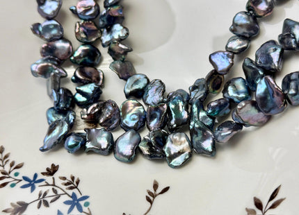 10-12x12-16 mm AA Dark Blue Peacock Keshi Freshwater Pearls Cultured Center Drilled Keshi Biwa 16 Inch Strand 37 Beads #P3528