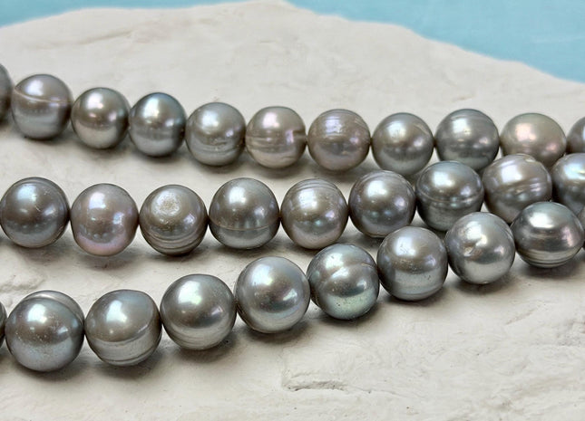 11.5-12.5 mm Large Off Round Shape Gray Ringed Freshwater Pearls High Luster 15.5 Inch Strand 33-35 Beads #P3530