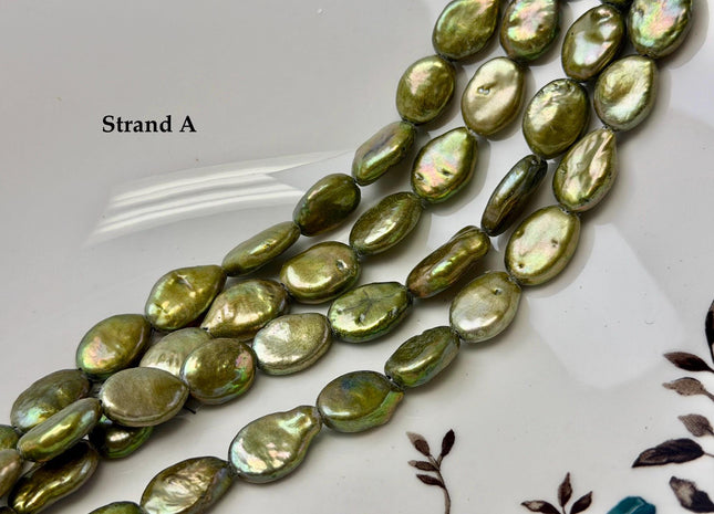 9-10x12-15 mm Half Strand Large Hole Sage Green Oval Flat Coin Pearl Hole Size 1.5mm 2.2mm Freshwater Coin Pearl 14 Beads #P2841