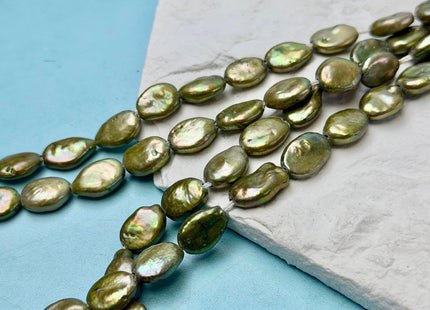 9-10x12-15 mm Half Strand Large Hole Sage Green Oval Flat Coin Pearl Hole Size 1.5mm 2.2mm Freshwater Coin Pearl 14 Beads #P2841