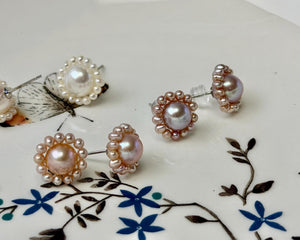 AAAAA Genuine Freshwater Pearl Earring Studs With 925 Sterling Silver Post Natural Mauve Pink Pearls Cluster Earring Bridal Jewelry #P1708-C