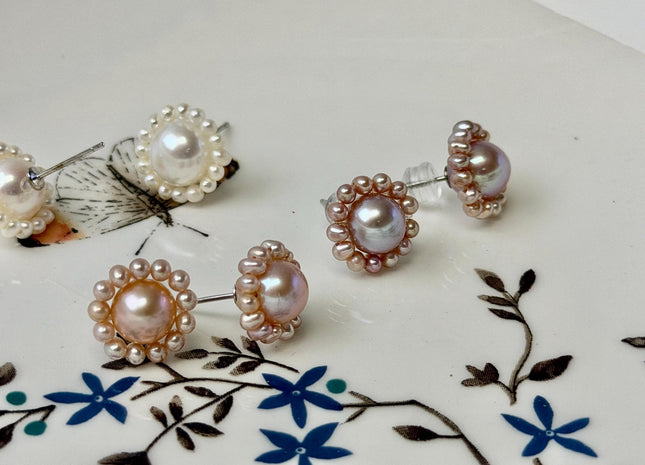 AAAAA Genuine Freshwater Pearl Earring Studs With 925 Sterling Silver Post Natural Mauve Pink Pearls Cluster Earring Bridal Jewelry #P1708-C
