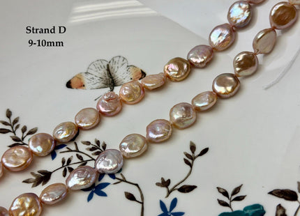 9-12 mm AA Natural Mauve or Peach Pink Freshwater Round Coin Pearls With Gold Sheen 15 Inch Strand #P3522