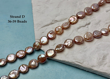 9-12 mm AA Natural Mauve or Peach Pink Freshwater Round Coin Pearls With Gold Sheen 15 Inch Strand #P3522