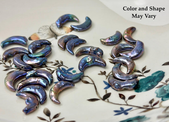 10-11x17-20mm AA Blue Peacock Crescent Moon Coin Freshwater Pearls High Luster Unique Cultured Freshwater Coin Pearl Beads #P3538