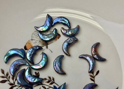 10-11x17-20mm AA Blue Peacock Crescent Moon Coin Freshwater Pearls High Luster Unique Cultured Freshwater Coin Pearl Beads #P3538
