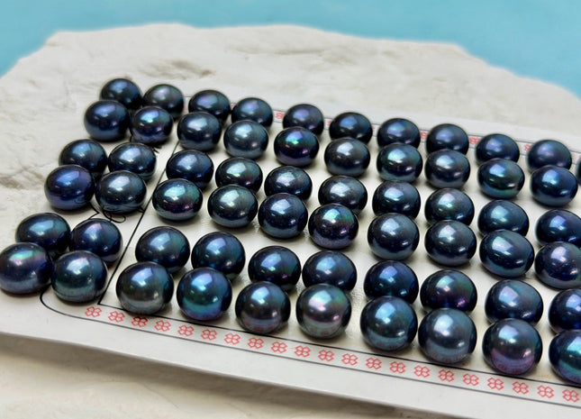 AAAA One Pair 9-9.5 mm Top Quality High Luster Round Button Half Drilled Freshwater Pearls Blue Peacock Freshwater Pearls #1626-C
