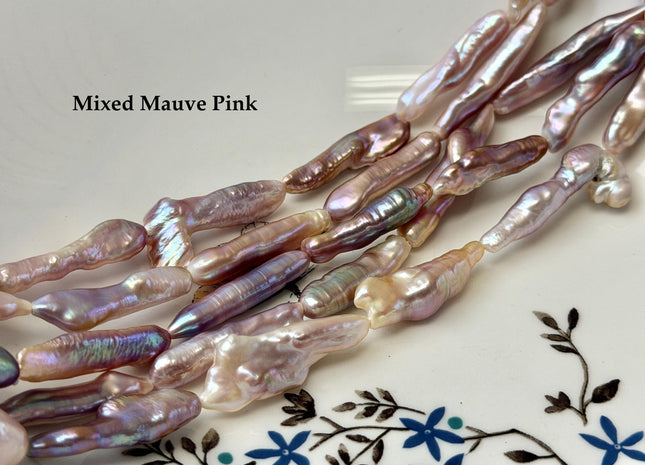 7-8x26-33 mm AAA Natural Mauve Peach Pink Biwa Stick Freshwater Pearl Beads Super High Luster Unique Keshi Stick Pearls #P3492