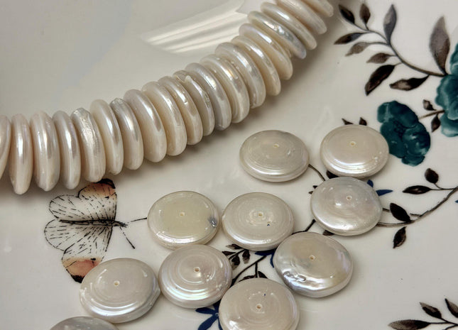 17-20 mm Large Rondelle Natural White Freshwater Coin Pearl Limited Edition Pearl Beads #P3493