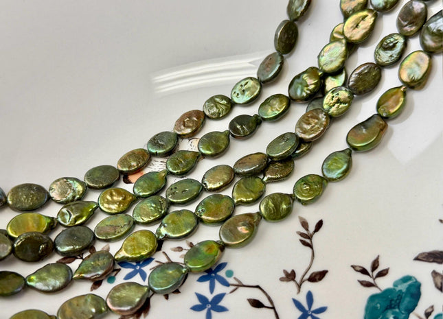 9-10x11-14 mm AA Olive Green Oval Freshwater Coin Pearls High Luster Pearls With Gold Sheen #P3505