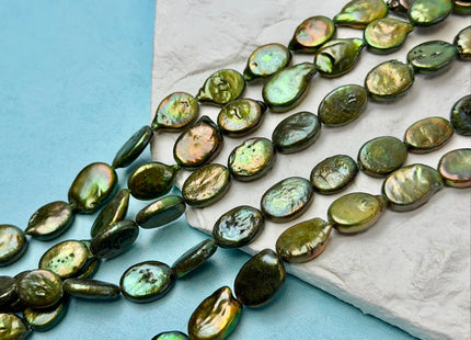 9-10x11-14 mm AA Olive Green Oval Freshwater Coin Pearls High Luster Pearls With Gold Sheen #P3505