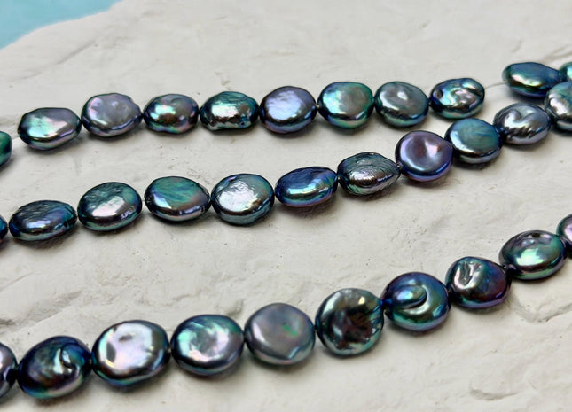 9-11 mm AA Blue Peacock Color Coin Freshwater Pearls High Luster Cultured Round Tear Drop Coin Beads #P3573
