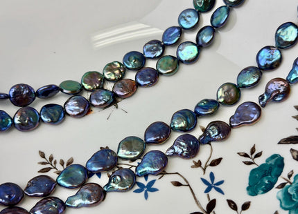 10-11 mm AA Blue Peacock Color Coin Freshwater Pearls High Luster Cultured Flat Round Tear Drop Coin Beads #P3579