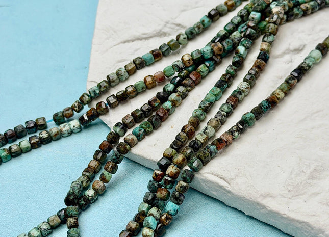 3x3 mm Micro Faceted Cube Dice Square Shape Multi Green Brown Color Africa Turquoise Beads 15.5 Inches 125 Beads #4872