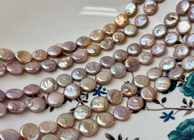 11-12 mm AA Natural Mauve Pink Freshwater Round Coin Pearls With Gold Sheen 31 Beads 15 Inch Strand #P3514