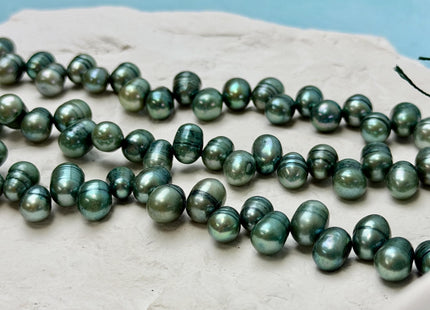 7x9-10 mm Top Drilled Persian Green Dancing Rice/Oval Freshwater Pearls 15 Inches Strand 65 Beads #P3504