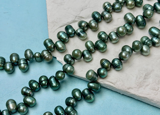 7x9-10 mm Top Drilled Persian Green Dancing Rice/Oval Freshwater Pearls 15 Inches Strand 65 Beads #P3504