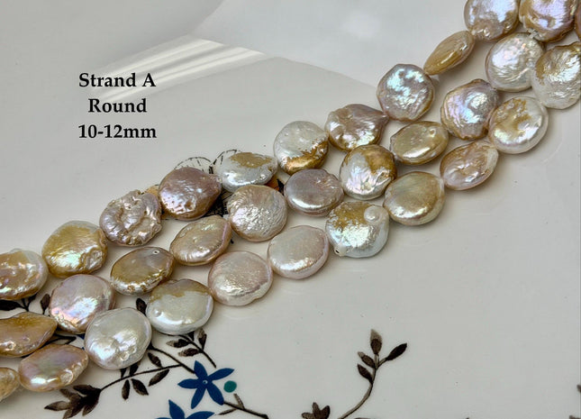 10-13 mm Natural White Champagne Seaweed Freshwater Pearls Round Tear Drop Coin Pearl Beads 15 Inch Strand #743
