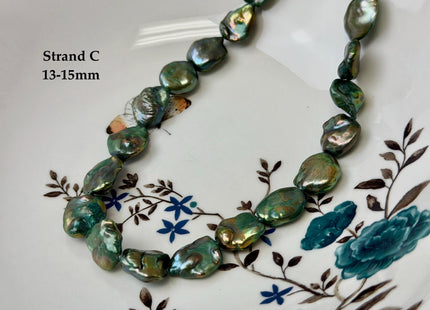 13-15x16-22 mm Forest Green Color Jumbo Keshi Freshwater Pearls Very Rare High Luster With Gold Sheen Pearls #P3520