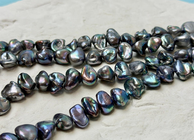 8-9x10-12 mm AA Dark Blue Peacock Biwa Freshwater Pearls Cultured Center Drilled Keshi Biwa 43 Beads #P3521