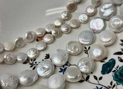 13-20 mm Natural White Round Coin Freshwater Pearl Beads High Luster Quality Cultured Freshwater Coin Pearl Beads #P3526