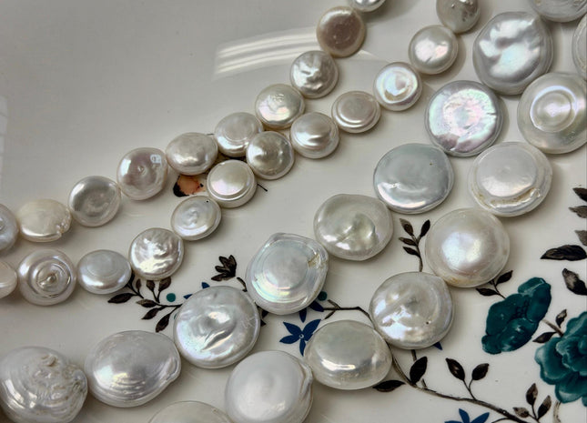 13-20 mm Natural White Round Coin Freshwater Pearl Beads High Luster Quality Cultured Freshwater Coin Pearl Beads #P3526