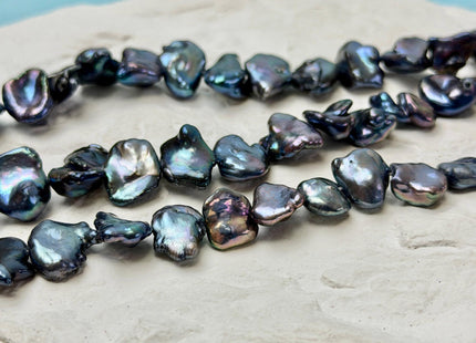 10-12x12-16 mm AA Dark Blue Peacock Keshi Freshwater Pearls Cultured Center Drilled Keshi Biwa 16 Inch Strand 37 Beads #P3528