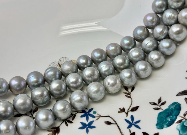 11.5-12.5 mm Large Off Round Shape Gray Ringed Freshwater Pearls High Luster 15.5 Inch Strand 33-35 Beads #P3530