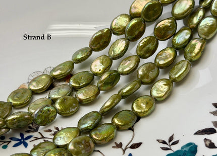 9-10x12-15 mm Half Strand Large Hole Sage Green Oval Flat Coin Pearl Hole Size 1.5mm 2.2mm Freshwater Coin Pearl 14 Beads #P2841