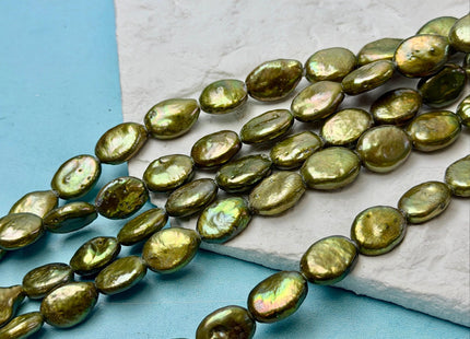 9-10x12-15 mm Half Strand Large Hole Sage Green Oval Flat Coin Pearl Hole Size 1.5mm 2.2mm Freshwater Coin Pearl 14 Beads #P2841