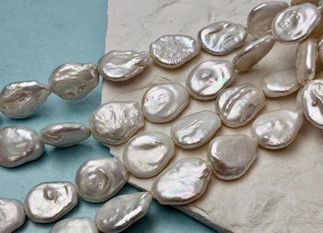 16-19x20-23mm Half Strand Natural White Coin Baroque Pearls Large 2.1mm Hole Coin Beads #P3539