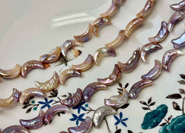 10-11x17-20mm AA Natural Mauve Peach Pink Crescent Moon Coin Freshwater Pearls High Luster Unique Cultured Coin Pearl Beads #P3541