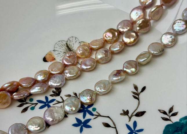 9-12 mm AA Natural Mauve or Peach Pink Freshwater Round Coin Pearls With Gold Sheen 15 Inch Strand #P3522
