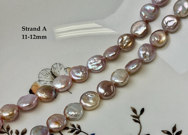 9-12 mm AA Natural Mauve or Peach Pink Freshwater Round Coin Pearls With Gold Sheen 15 Inch Strand #P3522