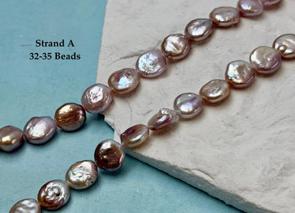 9-12 mm AA Natural Mauve or Peach Pink Freshwater Round Coin Pearls With Gold Sheen 15 Inch Strand #P3522