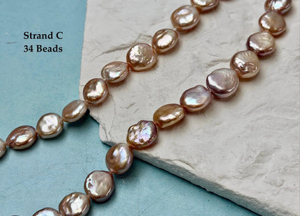 9-12 mm AA Natural Mauve or Peach Pink Freshwater Round Coin Pearls With Gold Sheen 15 Inch Strand #P3522