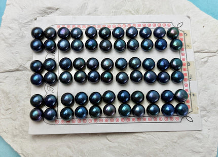 AAAA One Pair 9-9.5 mm Top Quality High Luster Round Button Half Drilled Freshwater Pearls Blue Peacock Freshwater Pearls #1626-C
